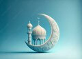 3d illustration of a mosque with golden moon and stars ornament