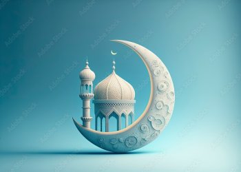 3d illustration of a mosque with golden moon and stars ornament