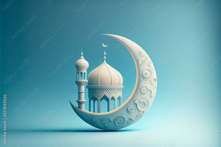 3d illustration of a mosque with golden moon and stars ornament