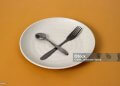 Empty plate with spoon and fork on a yellow background, representing fasting during Ramadan and the anticipation of breaking fast