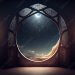 Mystical window with crescent moon in night sky. generative Ai