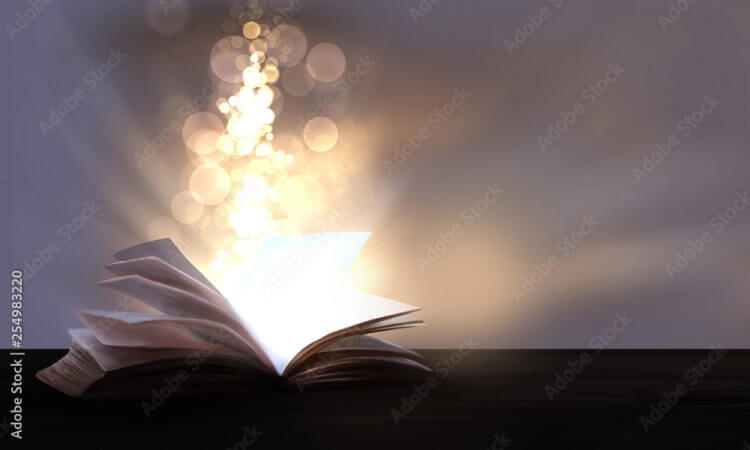 An open book with a magical fantasy. Night view illustration with a book. The magical power of reading and words, knowledge. Abstract background with a book.